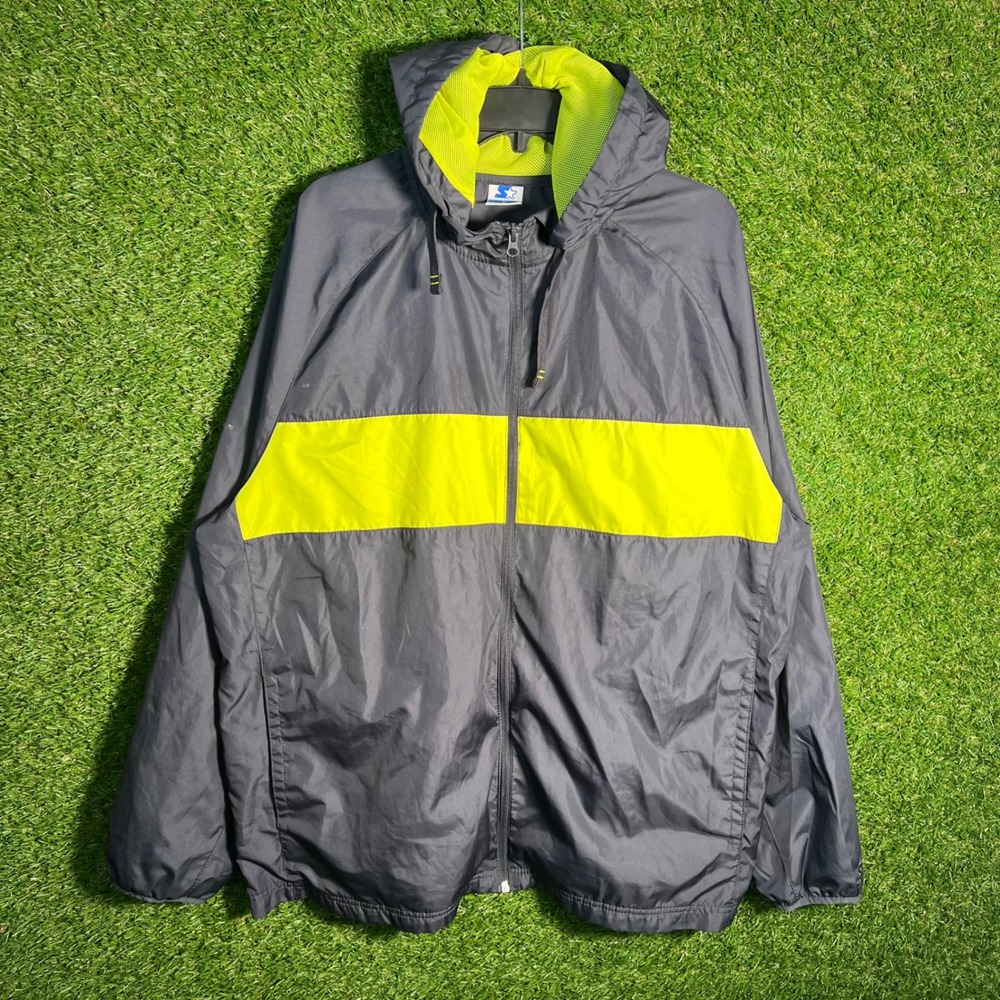 Starter Mens XL Windbreaker Jacket Black Neon Yellow Color Block Hooded